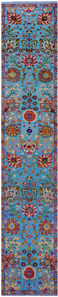 Blue Persian Tabriz Hand Knotted Wool & Silk Runner Rug - 2' 7" X 14' 3" - Golden Nile