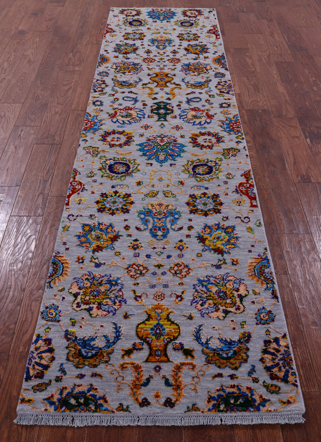 Grey Persian Tabriz Hand Knotted Wool & Silk Runner Rug - 2' 6" X 10' 2" - Golden Nile