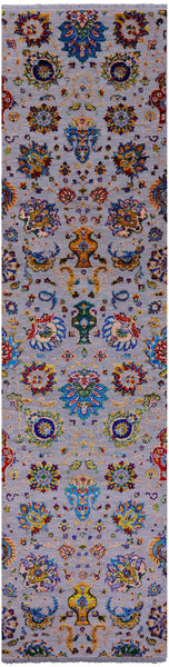 Grey Persian Tabriz Hand Knotted Wool & Silk Runner Rug - 2' 6" X 10' 2" - Golden Nile