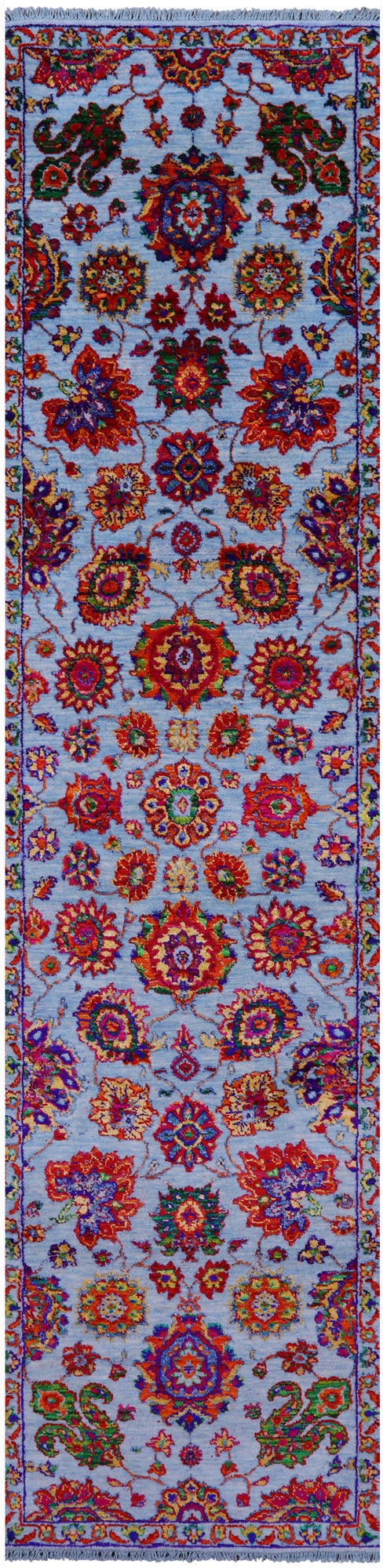 Blue Persian Tabriz Hand Knotted Wool & Silk Runner Rug - 2' 6" X 10' 3" - Golden Nile
