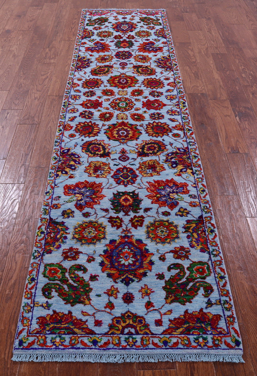 Blue Persian Tabriz Hand Knotted Wool & Silk Runner Rug - 2' 6" X 10' 3" - Golden Nile