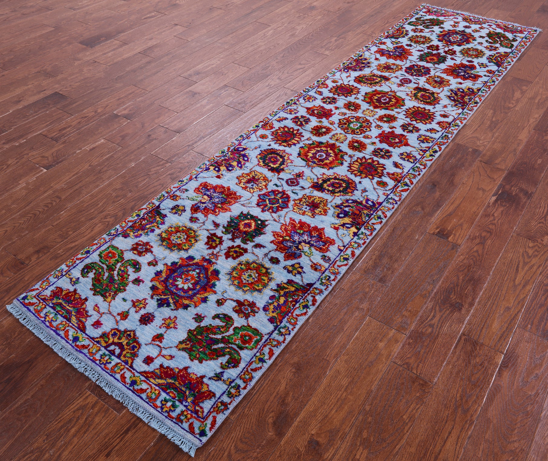 Blue Persian Tabriz Hand Knotted Wool & Silk Runner Rug - 2' 6" X 10' 3" - Golden Nile