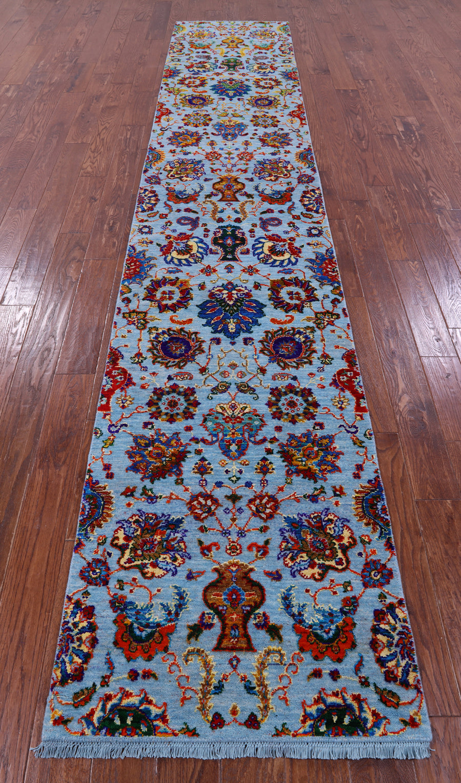 Blue Persian Tabriz Hand Knotted Wool & Silk Runner Rug - 2' 7" X 13' 11" - Golden Nile