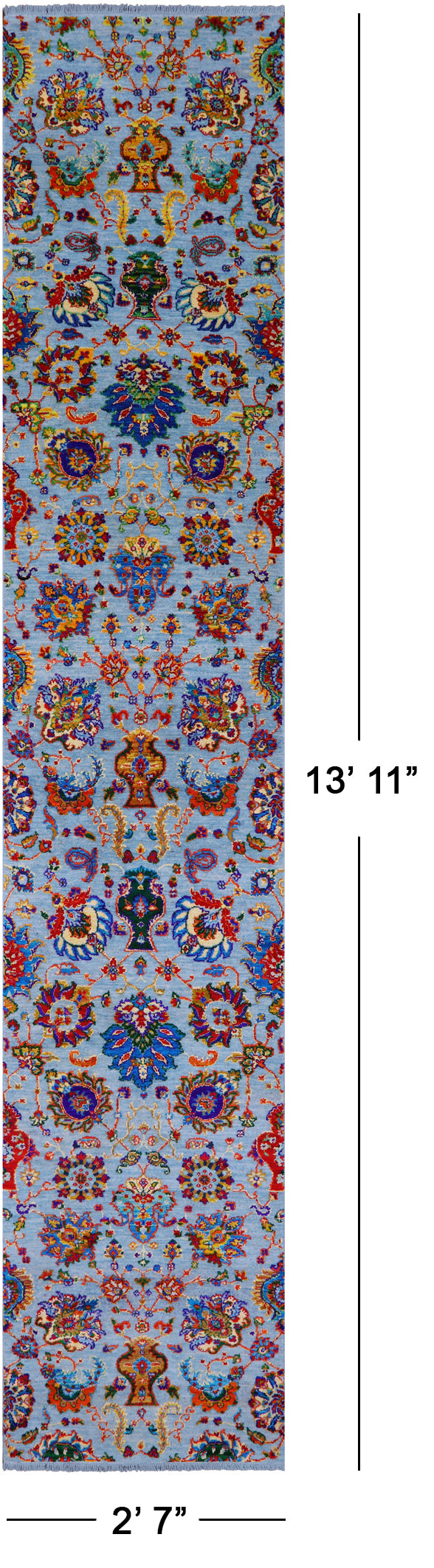Blue Persian Tabriz Hand Knotted Wool & Silk Runner Rug - 2' 7" X 13' 11" - Golden Nile