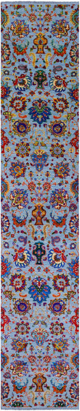 Blue Persian Tabriz Hand Knotted Wool & Silk Runner Rug - 2' 7" X 13' 11" - Golden Nile