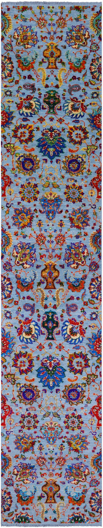 Blue Persian Tabriz Hand Knotted Wool & Silk Runner Rug - 2' 7" X 13' 11" - Golden Nile