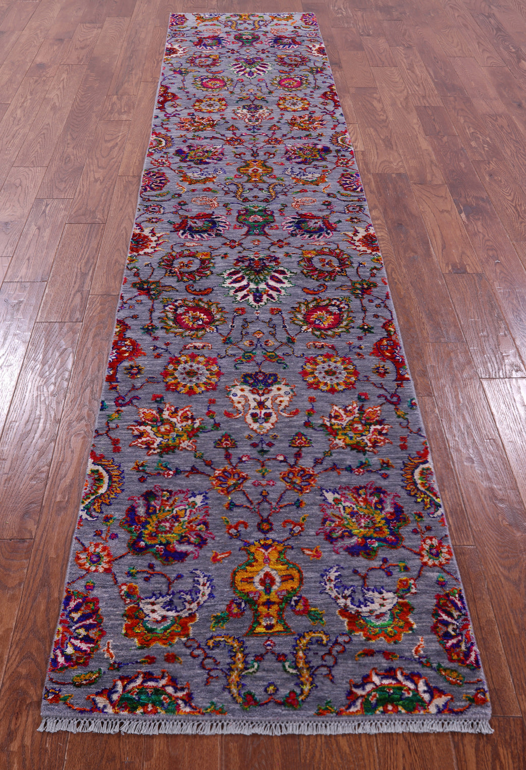 Grey Persian Tabriz Hand Knotted Wool & Silk Runner Rug - 2' 6" X 11' 11" - Golden Nile