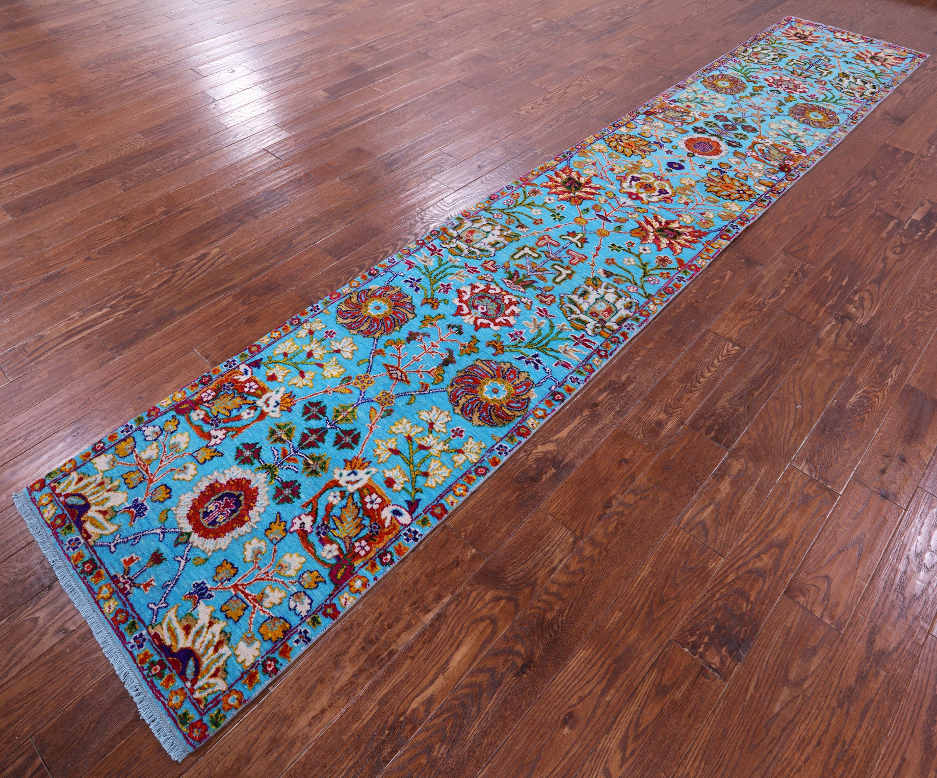 Blue Persian Tabriz Hand Knotted Wool & Silk Runner Rug - 2' 6" X 14' 3" - Golden Nile