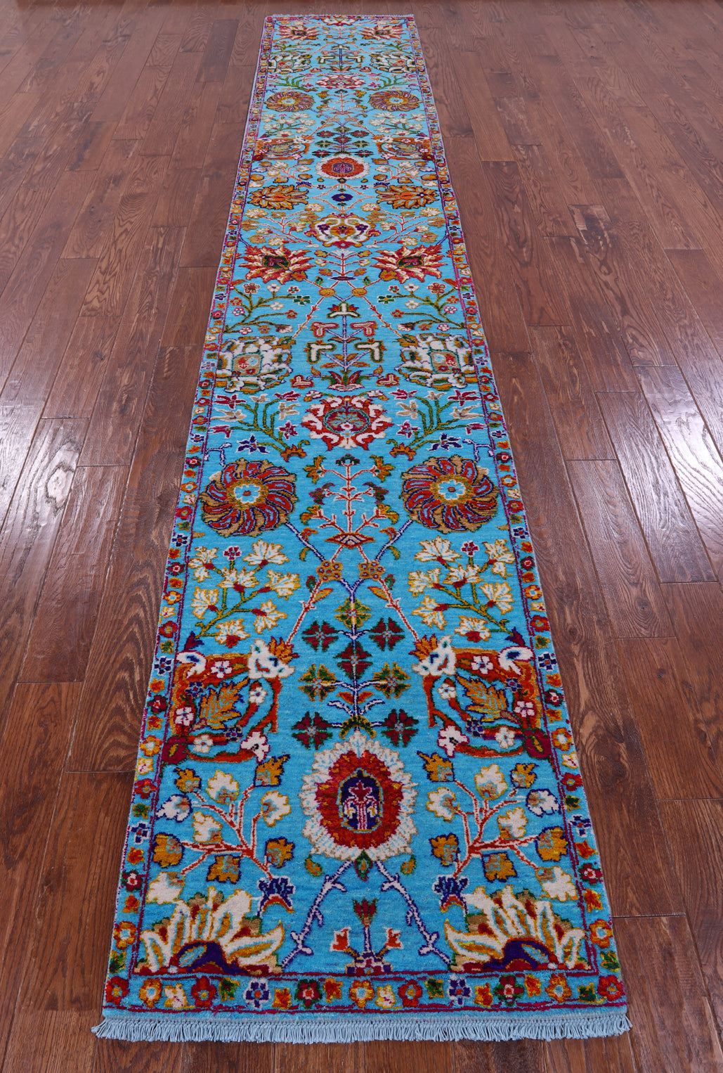 Blue Persian Tabriz Hand Knotted Wool & Silk Runner Rug - 2' 6" X 14' 3" - Golden Nile