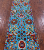 Blue Persian Tabriz Hand Knotted Wool & Silk Runner Rug - 2' 6" X 14' 3" - Golden Nile