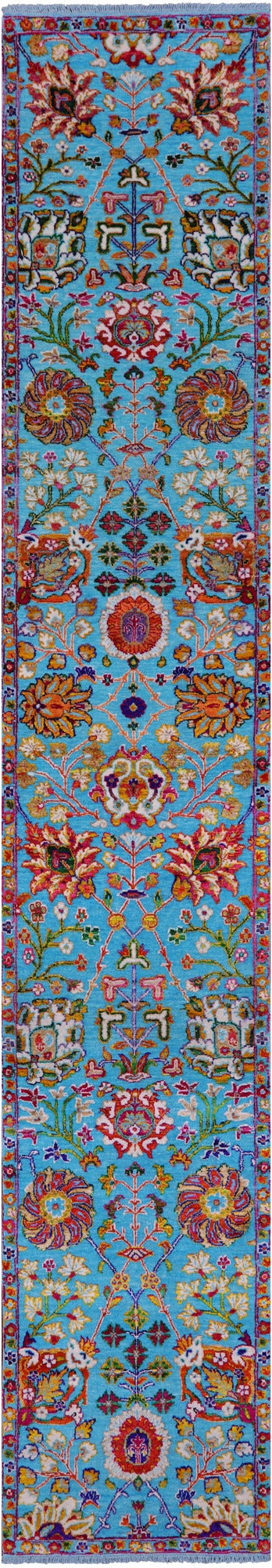 Blue Persian Tabriz Hand Knotted Wool & Silk Runner Rug - 2' 6" X 14' 3" - Golden Nile