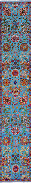Blue Persian Tabriz Hand Knotted Wool & Silk Runner Rug - 2' 6" X 14' 3" - Golden Nile