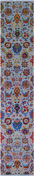 Blue Persian Tabriz Hand Knotted Wool & Silk Runner Rug - 2' 7" X 13' 10" - Golden Nile
