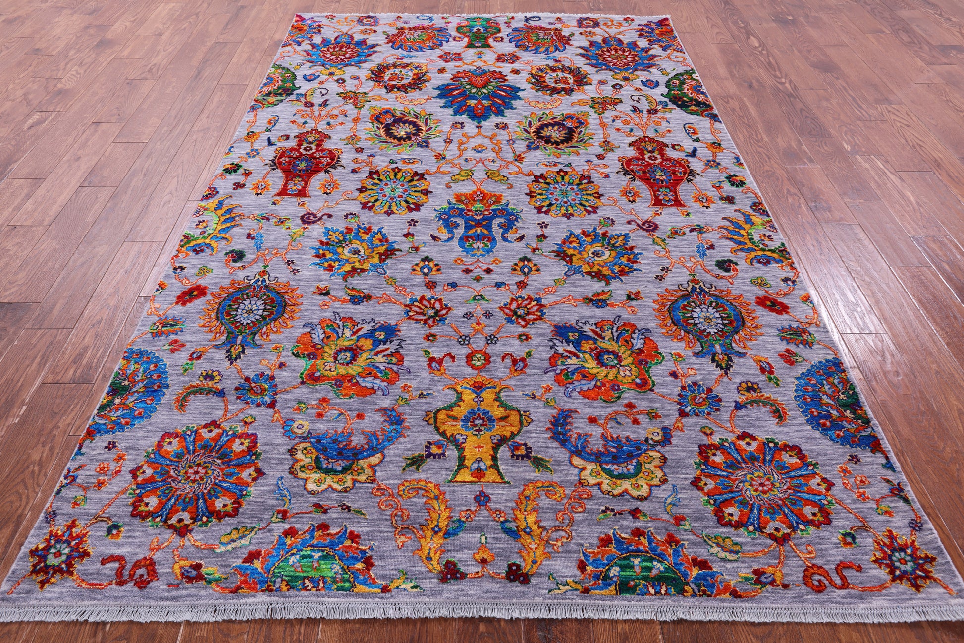 Grey Persian Tabriz Hand Knotted Wool & Silk Rug - 6' 0" X 9' 5" - Golden Nile