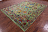 Green Persian Tabriz Hand Knotted Wool & Silk Rug - 8' 0" X 10' 0" - Golden Nile