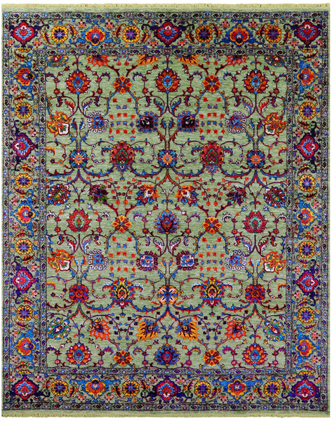 Green Persian Tabriz Handmade Wool & Silk Rug - 8' 1" X 10' 0" - Golden Nile