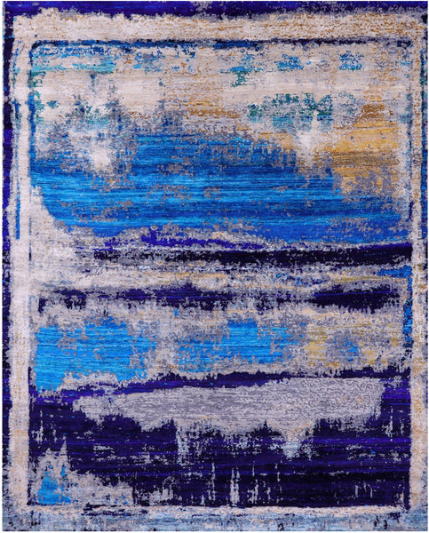 Abstract Contemporary Hand Knotted Wool & Silk Rug - 7' 10" X 9' 11" - Golden Nile