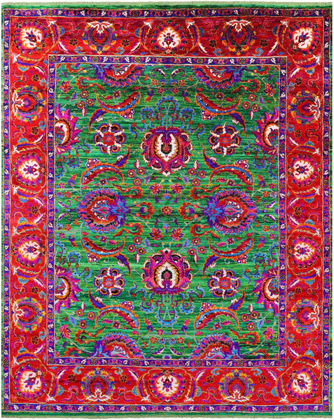 Green Persian Tabriz Handmade 100% Silk Rug - 8' 0" X 10' 2" - Golden Nile