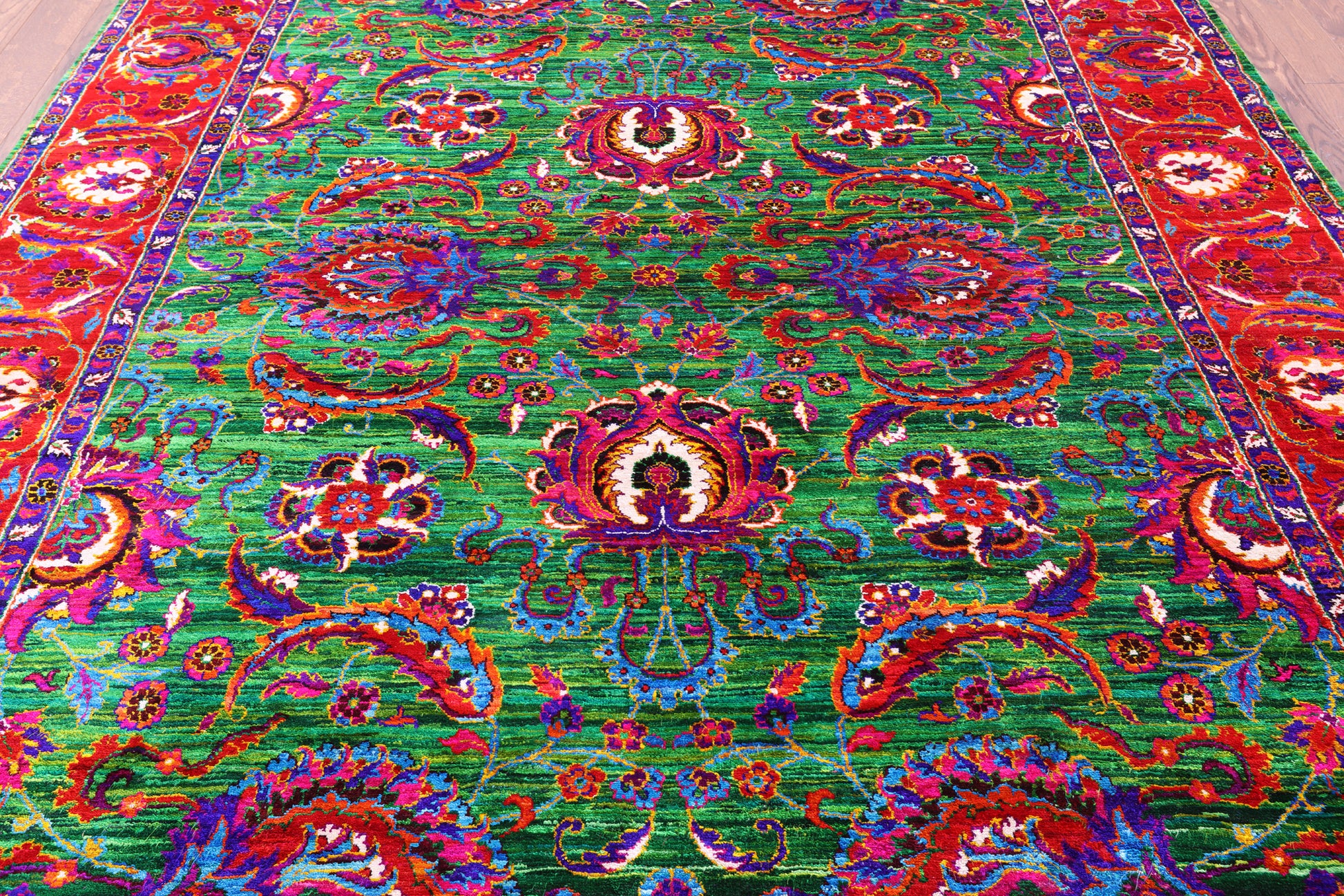 Green Persian Tabriz Handmade 100% Silk Rug - 8' 0" X 10' 2" - Golden Nile