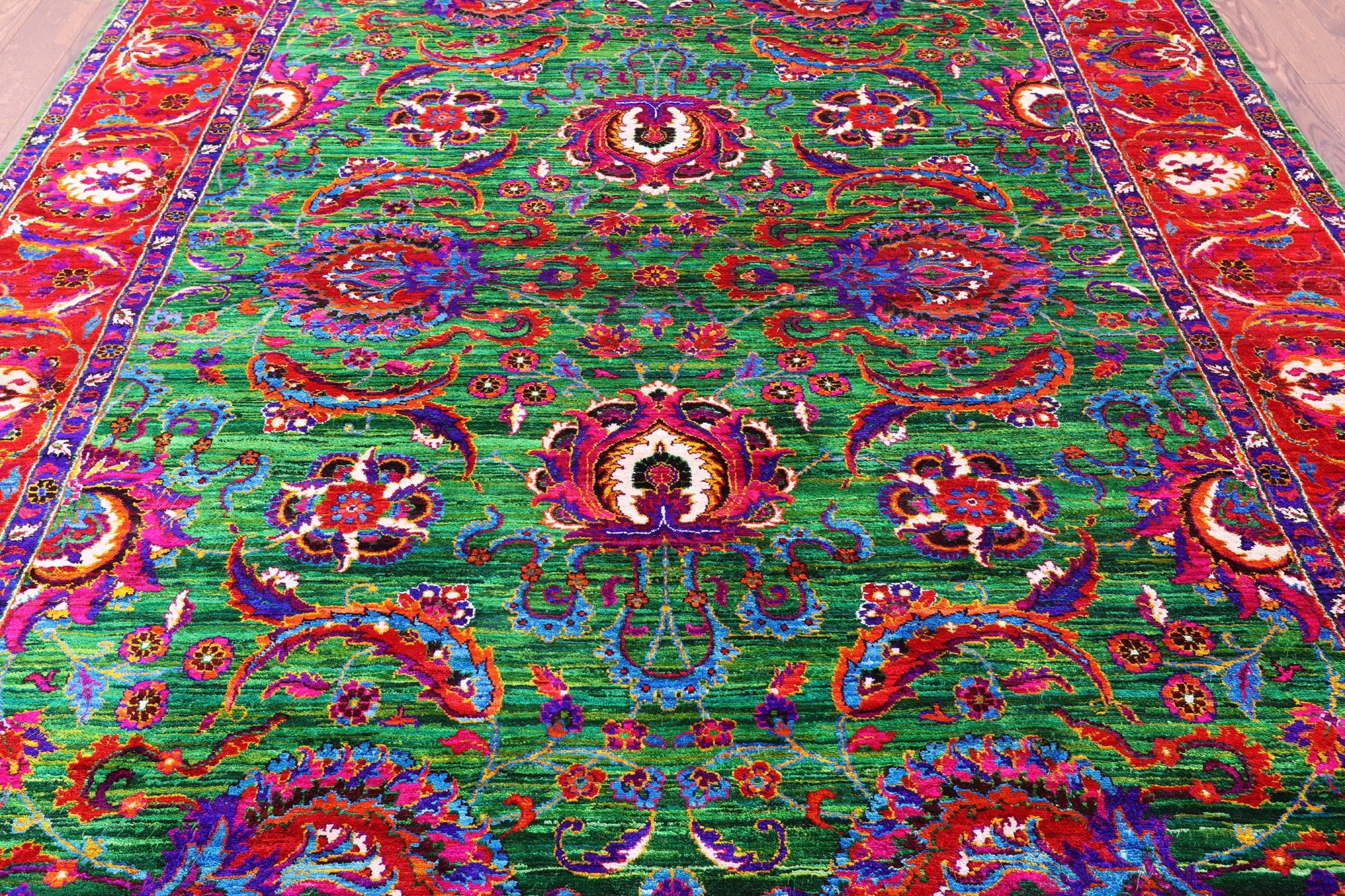 Green Persian Tabriz Handmade 100% Silk Rug - 8' 0" X 10' 2" - Golden Nile