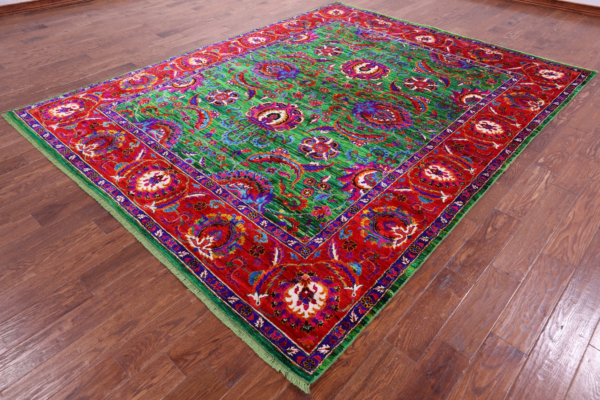 Green Persian Tabriz Handmade 100% Silk Rug - 8' 0" X 10' 2" - Golden Nile