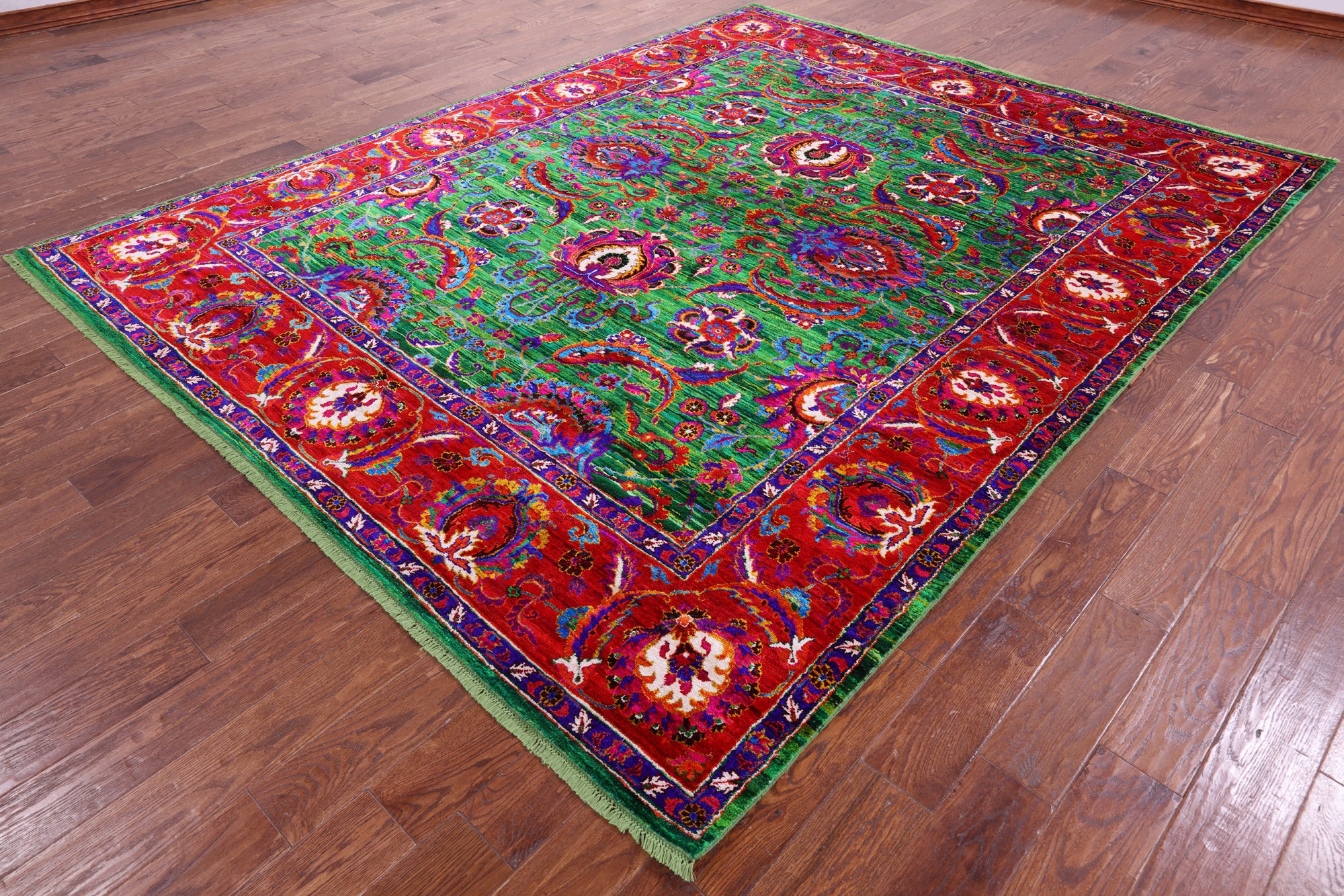 Green Persian Tabriz Handmade 100% Silk Rug - 8' 0" X 10' 2" - Golden Nile