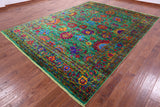 Green Persian Tabriz Hand Knotted Silk Rug - 8' 11" X 12' 0" - Golden Nile