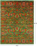 Green Persian Tabriz Hand Knotted Silk Rug - 8' 0" X 10' 2"
