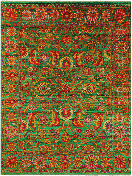 Green Persian Tabriz Hand Knotted Silk Rug - 8' 0" X 10' 2" - Golden Nile