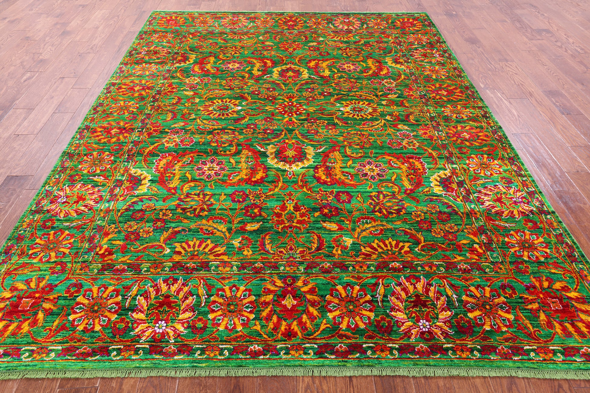 Green Persian Tabriz Hand Knotted 100% Silk Rug - 8' 0" X 10' 2" - Golden Nile