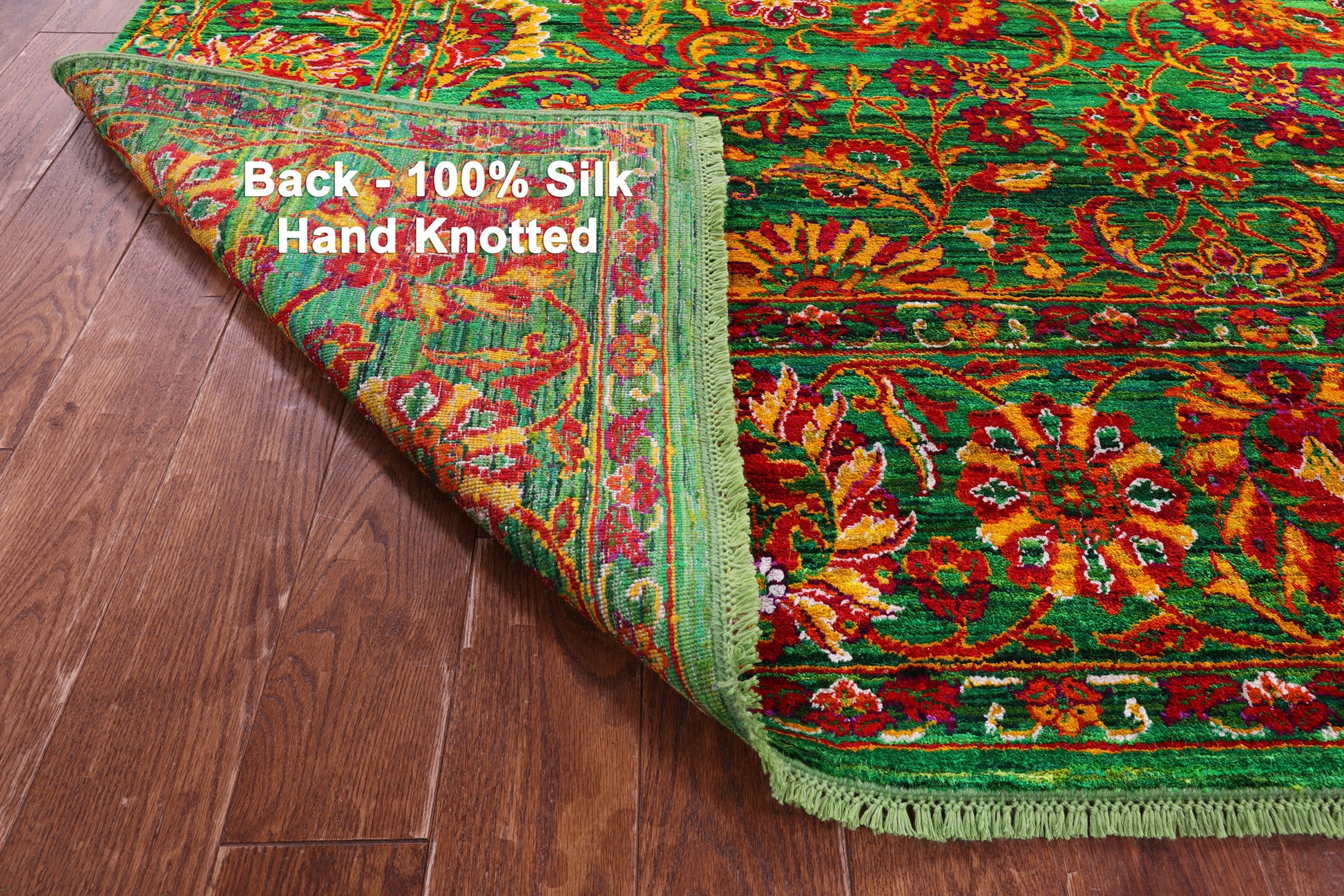 Green Persian Tabriz Hand Knotted 100% Silk Rug - 8' 0" X 10' 2" - Golden Nile