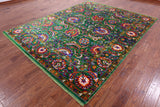 Green Persian Tabriz Hand Knotted Silk Rug - 7' 11" X 10' 1" - Golden Nile