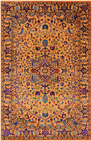 Orange Persian Fine Serapi Hand Knotted Wool & Silk Rug - 4' 0" X 6' 2" - Golden Nile