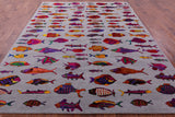 Grey Fish Design Persian Gabbeh Hand Knotted Wool & Silk Rug - 8' 0" X 10' 4" - Golden Nile