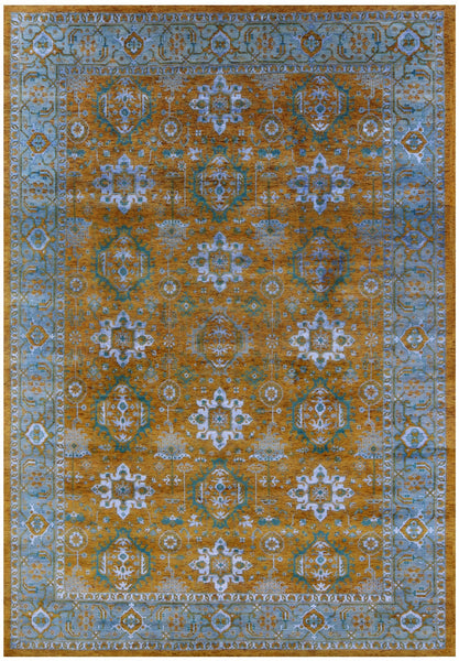 Gold Geometric Heriz Serapi Handmade Wool & Silk Rug - 9' 11" X 14' 2" - Golden Nile