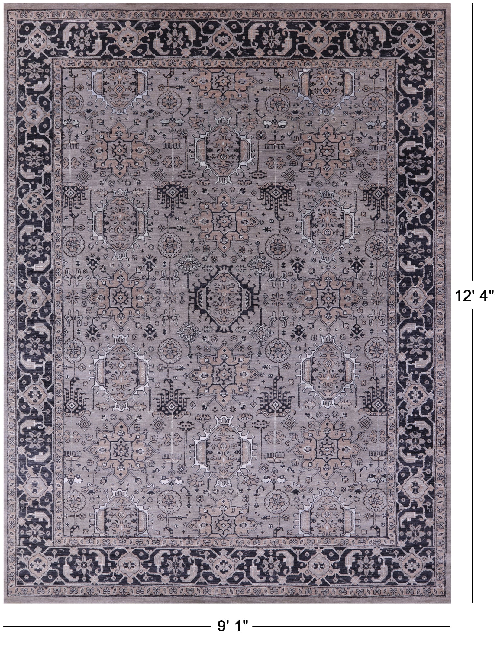 Grey Persian Fine Serapi Hand Knotted Wool & Silk Rug - 9' 1" X 12' 4" - Golden Nile