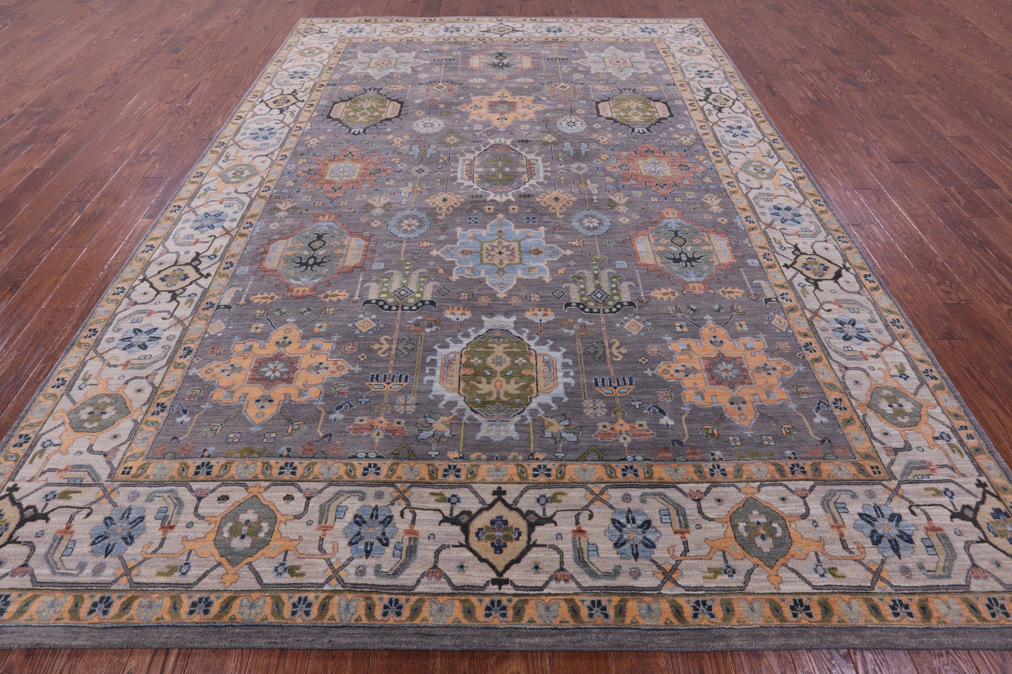 Grey Geometric Heriz Serapi Handmade Wool Rug - 8' 11" X 12' 4" - Golden Nile