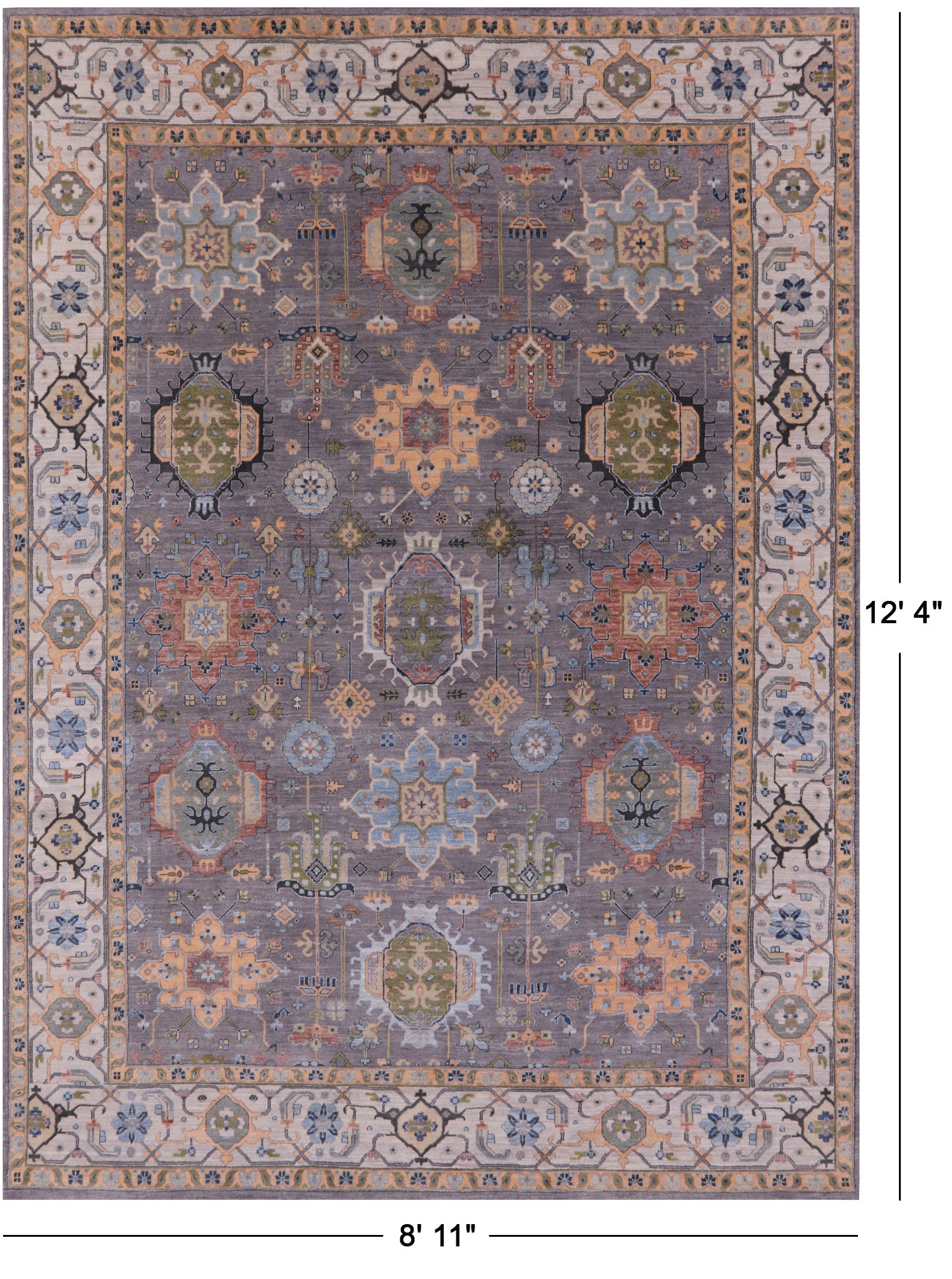 Grey Geometric Heriz Serapi Handmade Wool Rug - 8' 11" X 12' 4" - Golden Nile
