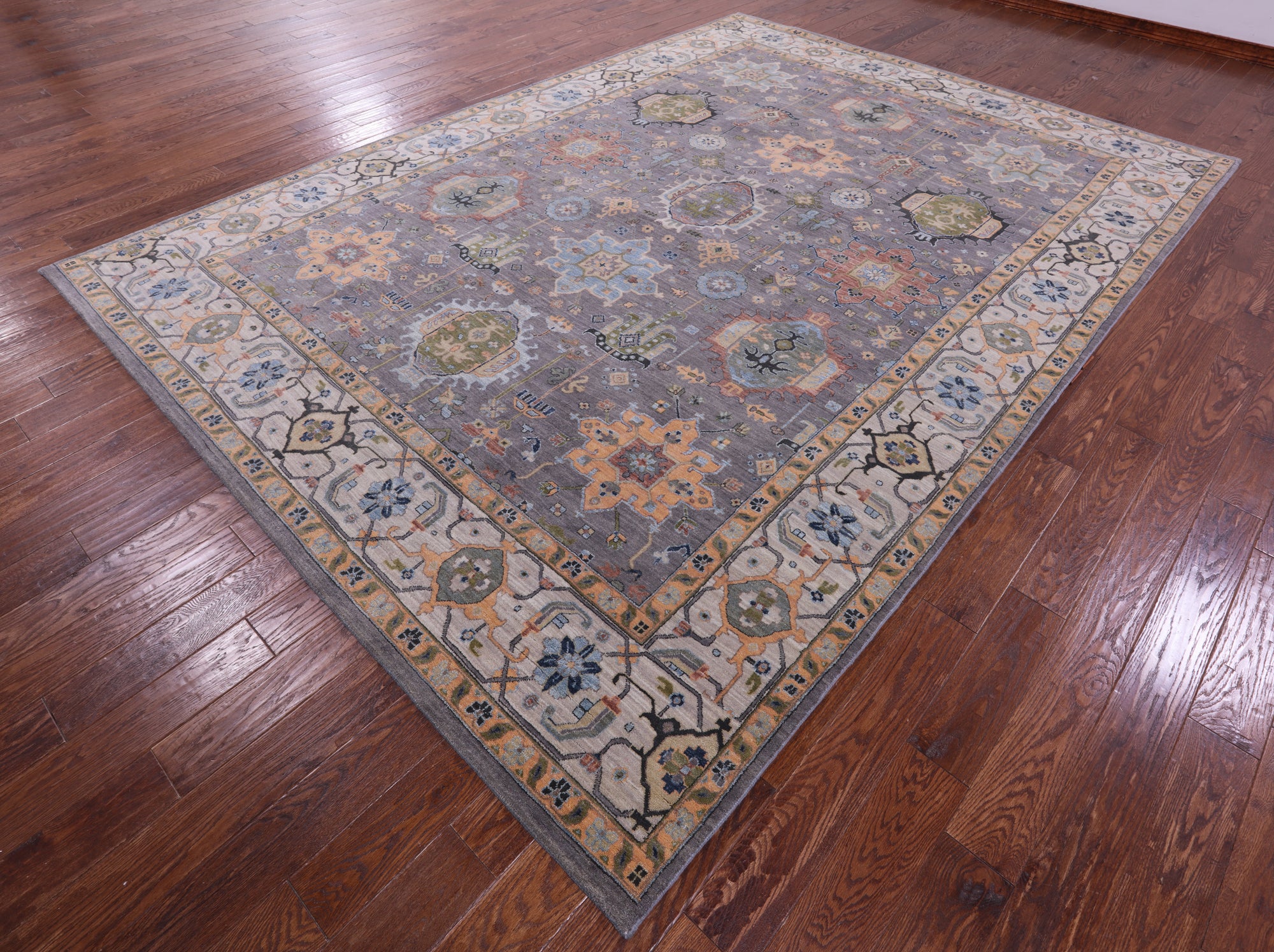 Grey Geometric Heriz Serapi Handmade Wool Rug - 8' 11" X 12' 4" - Golden Nile