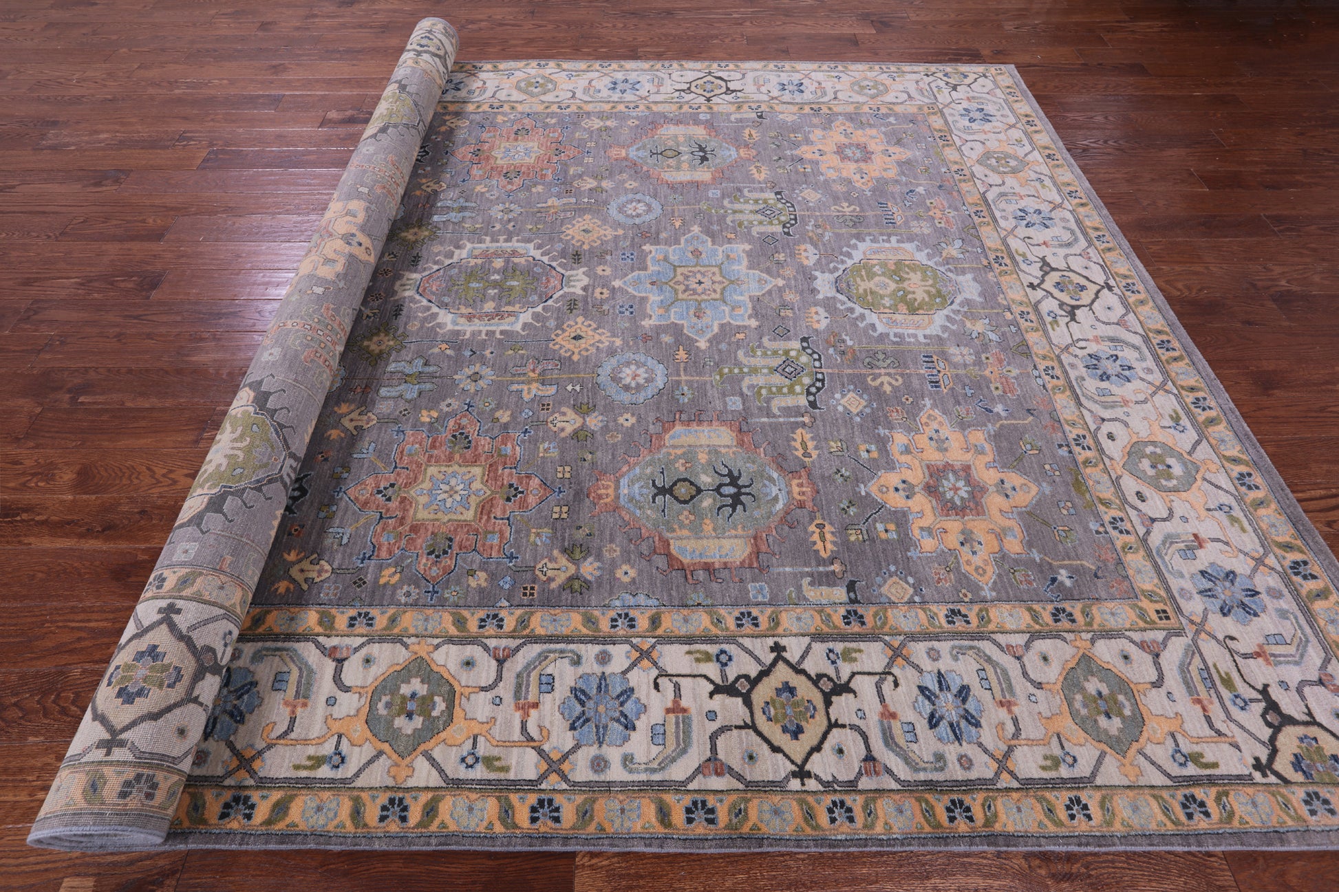Grey Geometric Heriz Serapi Handmade Wool Rug - 8' 11" X 12' 4" - Golden Nile