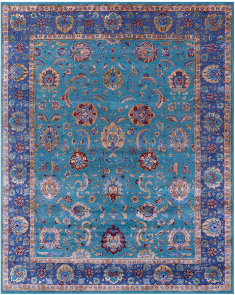 Blue Persian Tabriz Hand Knotted Wool & Silk Rug - 8' 0" X 10' 1" - Golden Nile