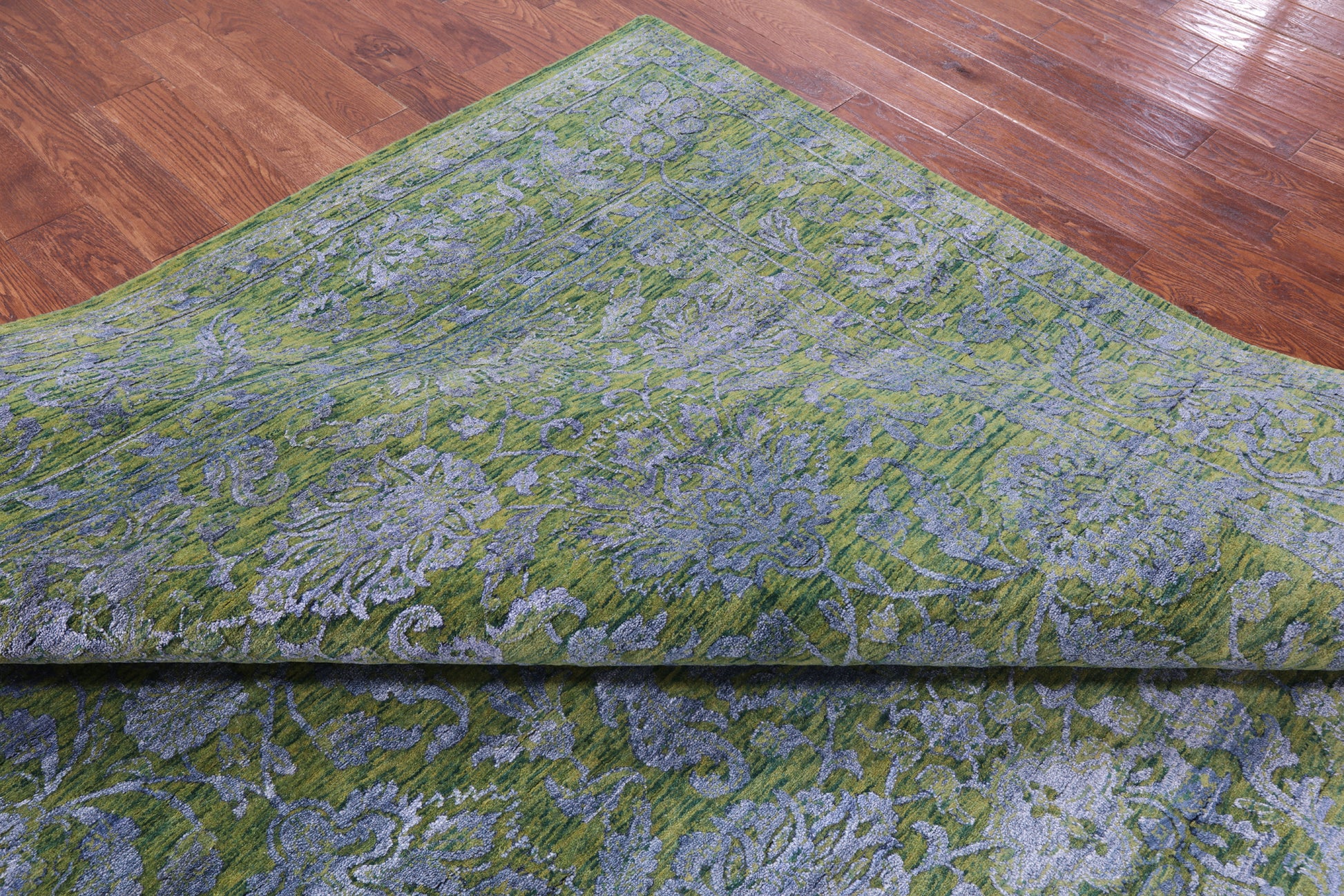 Green Persian Tabriz Hand Knotted Wool & Silk Rug - 9' 2" X 12' 0" - Golden Nile