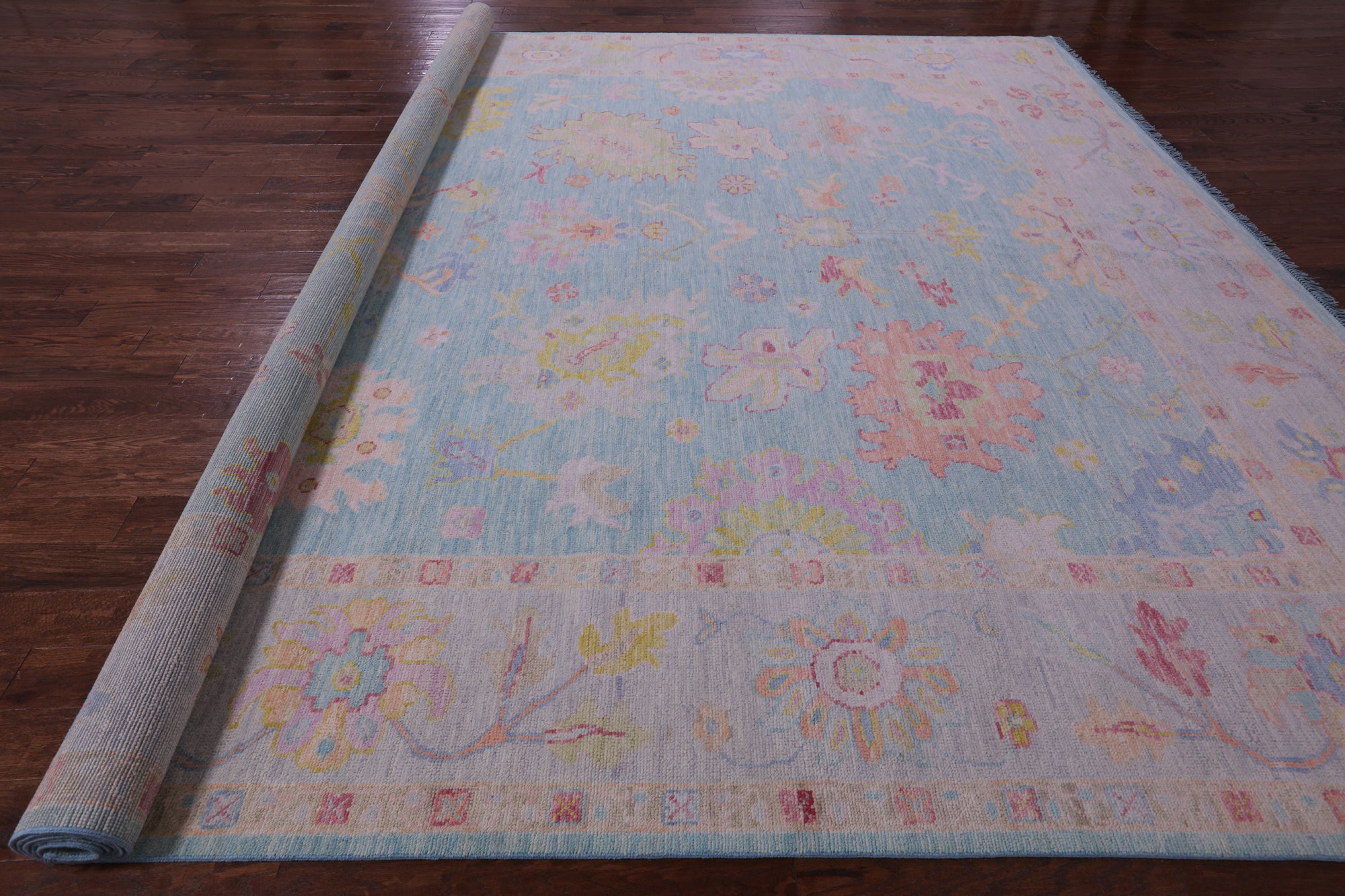 Blue Turkish Oushak Hand Knotted Wool Rug - 12' 4" X 14' 9" - Golden Nile