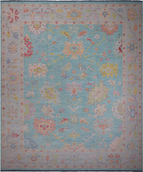 SUPER SALE Blue Turkish Oushak Hand Knotted Wool Rug - 12' 4" X 14' 9"