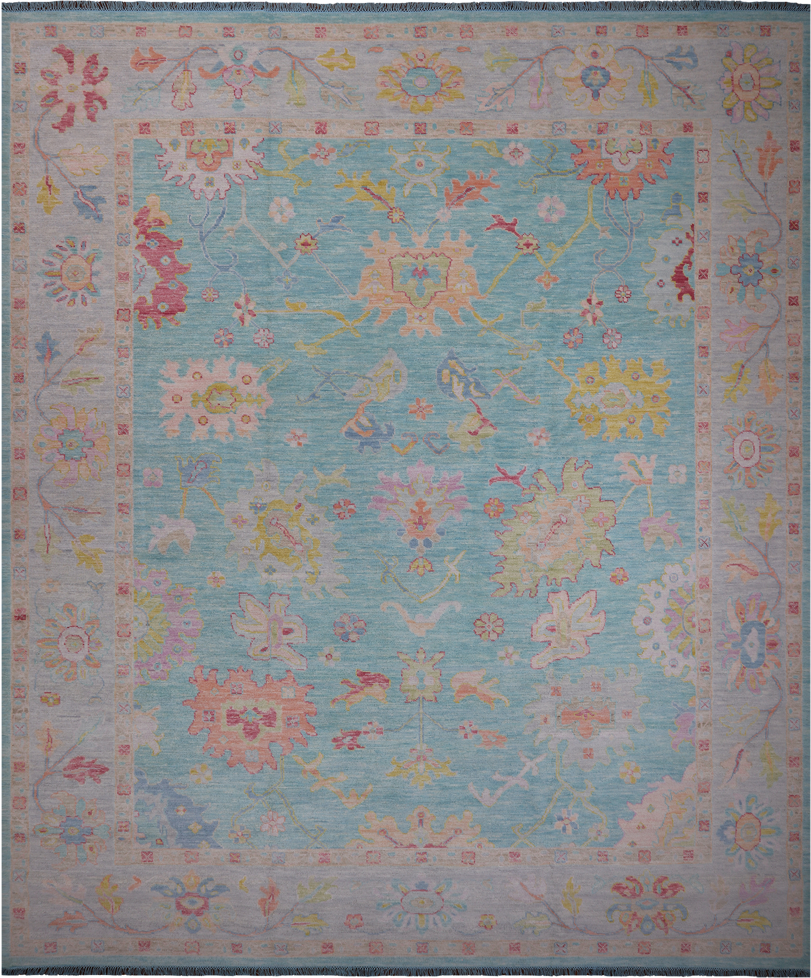 SUPER SALE Blue Turkish Oushak Hand Knotted Wool Rug - 12' 4" X 14' 9"