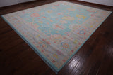 SUPER SALE Blue Turkish Oushak Hand Knotted Wool Rug - 12' 4" X 14' 9"