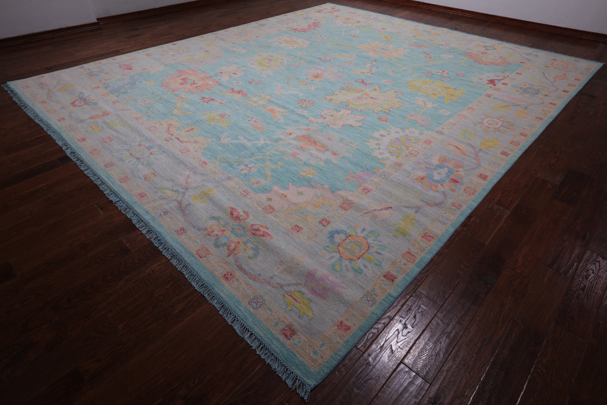 SUPER SALE Blue Turkish Oushak Hand Knotted Wool Rug - 12' 4" X 14' 9"