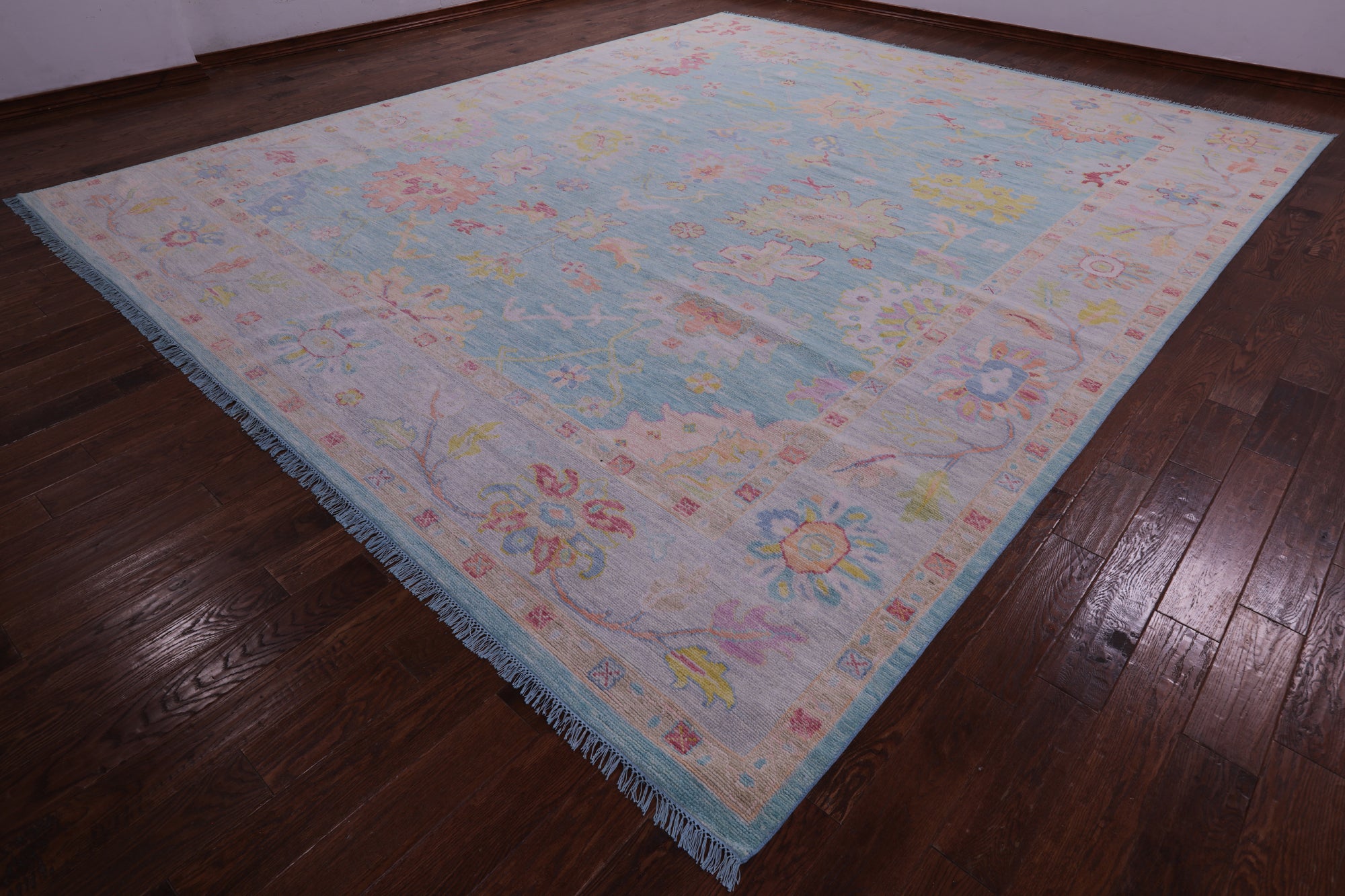 Blue Turkish Oushak Hand Knotted Wool Rug - 12' 4" X 14' 9" - Golden Nile