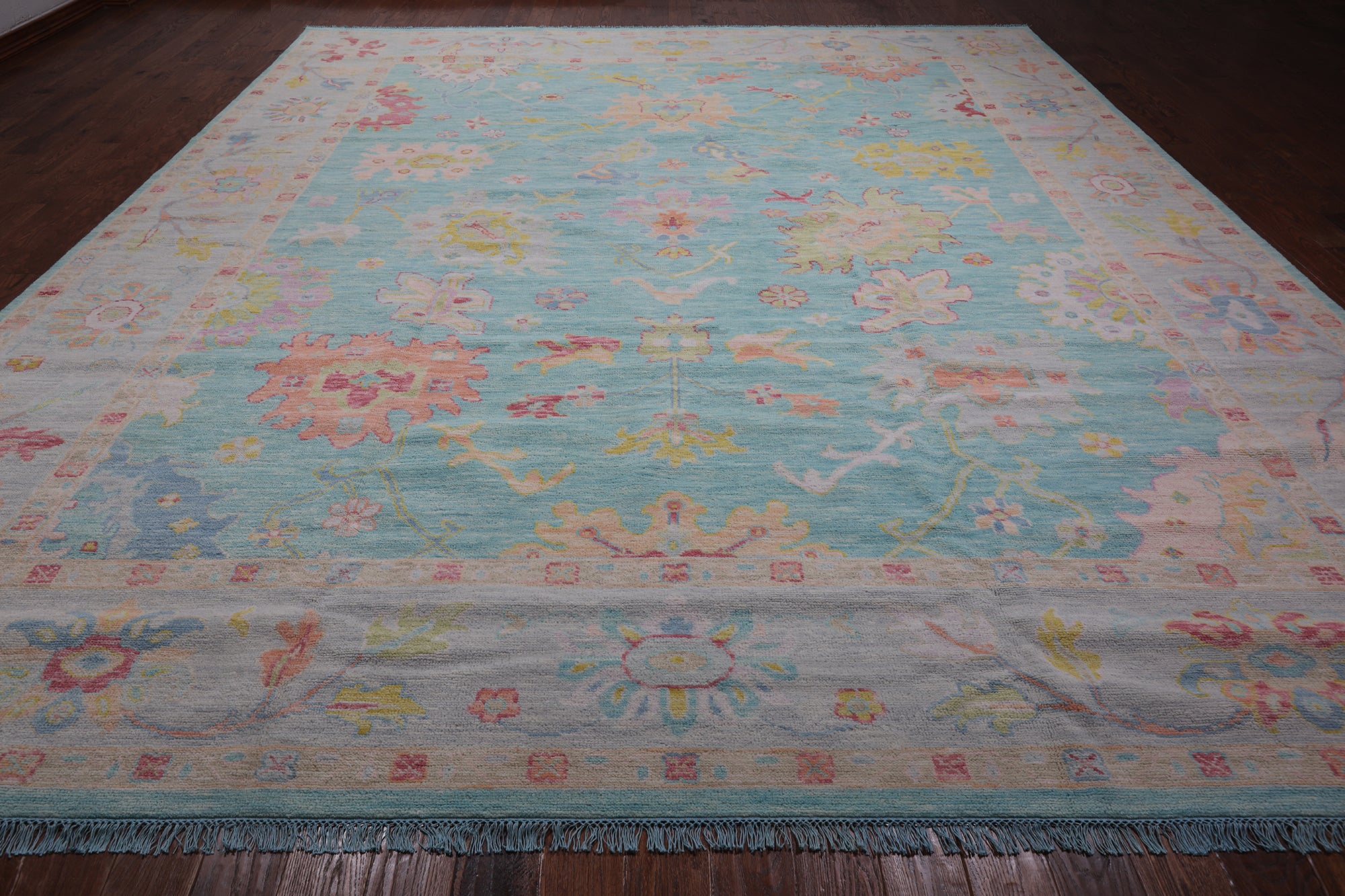 SUPER SALE Blue Turkish Oushak Hand Knotted Wool Rug - 12' 4" X 14' 9"
