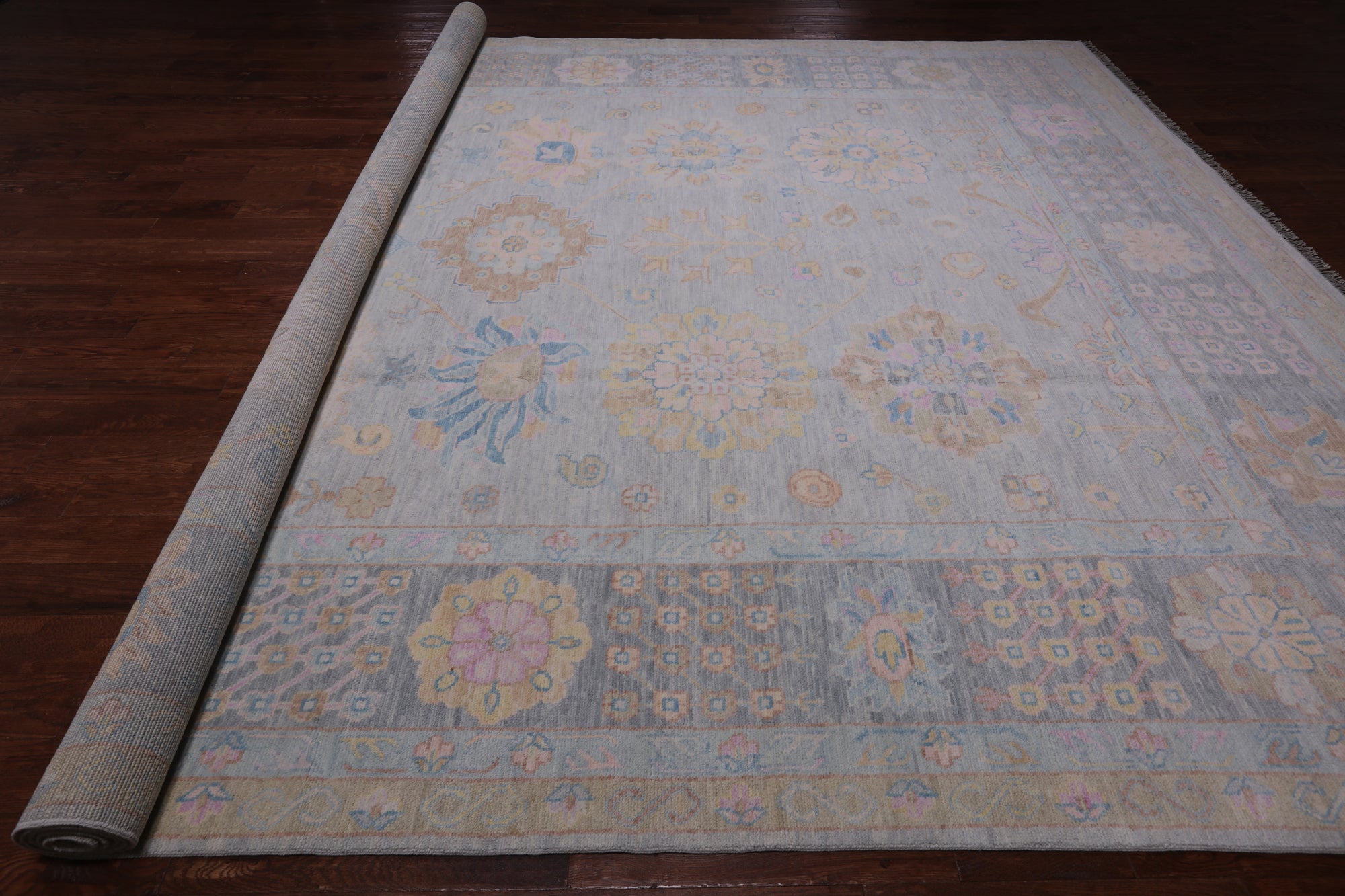 Grey Geometric Fine Serapi Hand Knotted Wool Rug - 12' 0" X 14' 11"